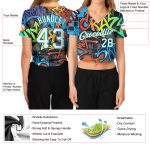 Custom Name Number Womens 3D V-Neck Cropped Baseball Jersey in White Aqua Graffiti Pattern Geometric Design Personalized