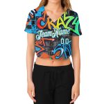 Custom Name Number Womens 3D V-Neck Cropped Baseball Jersey in White Aqua Graffiti Pattern Geometric Design Personalized