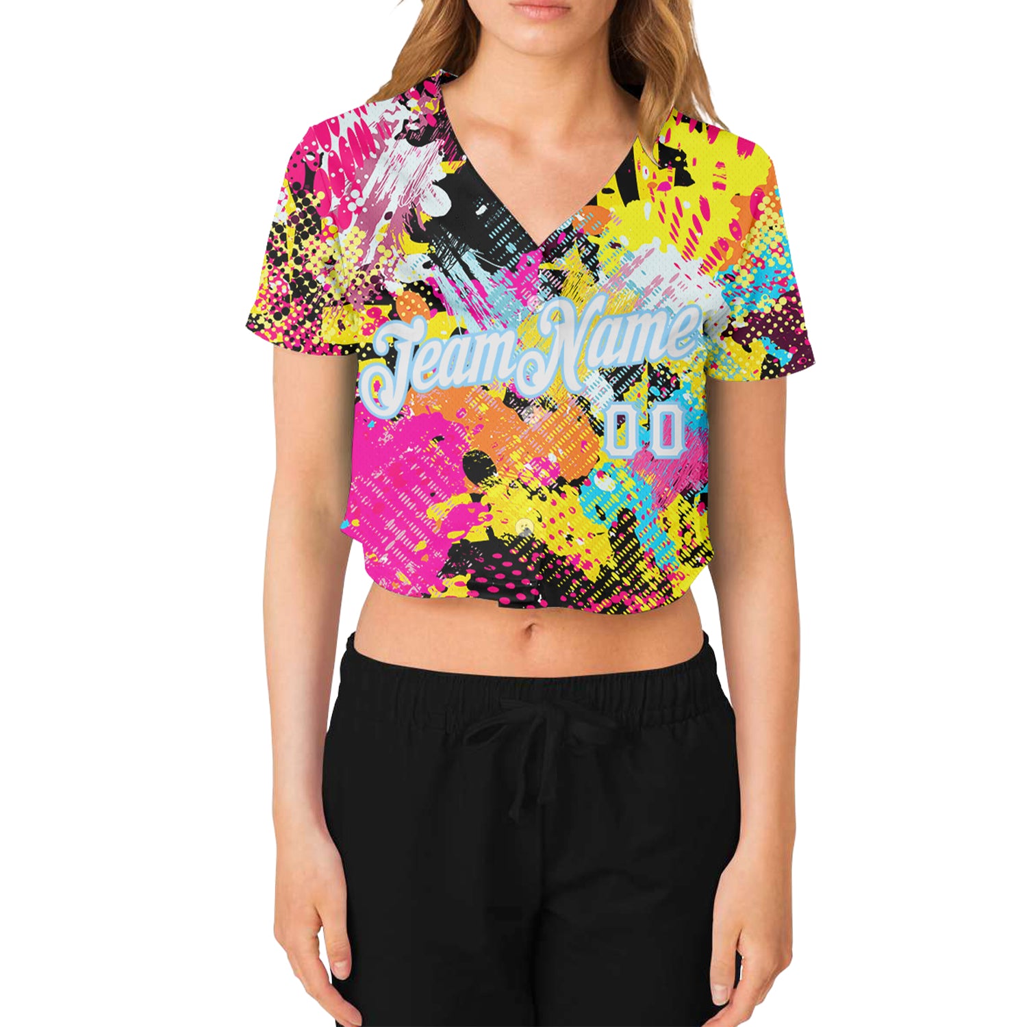 Personalized Women's Graffiti Pattern White-Light Blue Bright Psychedelic 3D V-Neck Cropped Baseball Jersey Team Custom Name and Number Custom Name & Number Personalized Womens 3D V-Neck Graffiti Pattern Baseball Jersey in White-Light Blue Psychedelic Design - Image 2