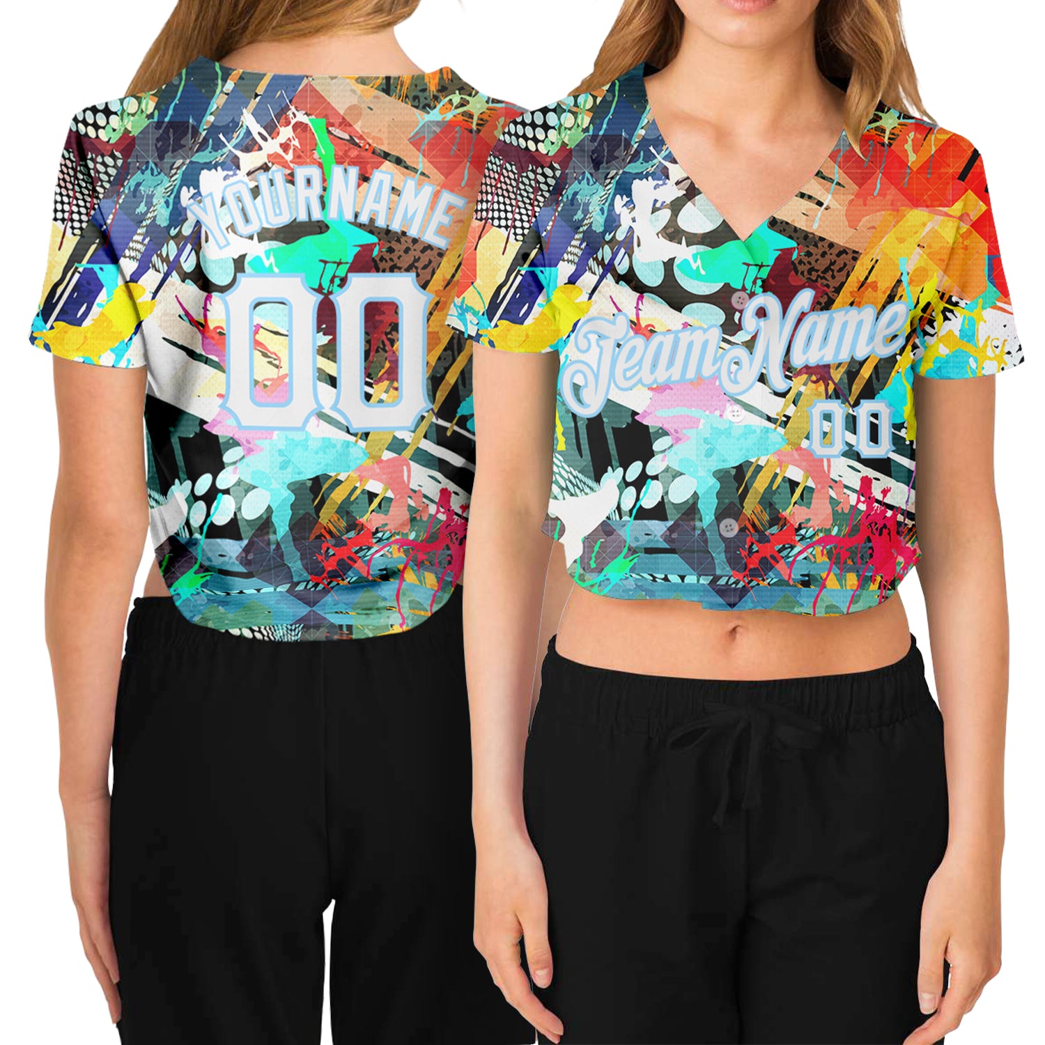 Custom Name and Number Womens Graffiti Pattern V-Neck Cropped Baseball Jersey - Abstract White-Light Blue Design Personalized