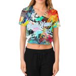 Custom Name and Number Womens Graffiti Pattern V-Neck Cropped Baseball Jersey - Abstract White-Light Blue Design Personalized