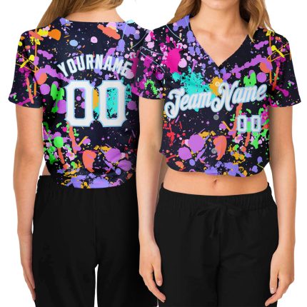 Personalized Womens Graffiti Baseball Jersey with Custom Name & Number, 3D V-Neck, White-Light Blue Splashes, Cropped Design