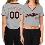 Custom Womens Baseball Jersey Gray Black Crimson Cream V-Neck Cropped with Personalized Name and Number Personalized Women's