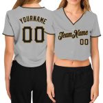 Custom Name and Number Personalized V-Neck Cropped Baseball Jersey for Women - Gray Black Old Gold Personalized Women's Gray