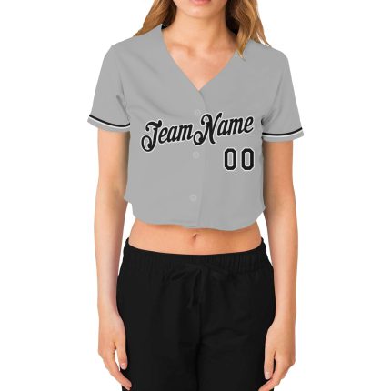 Custom Team Jersey for Women - Gray Black-White V-Neck Cropped Baseball with Personalized Name and Number Personalized Women's