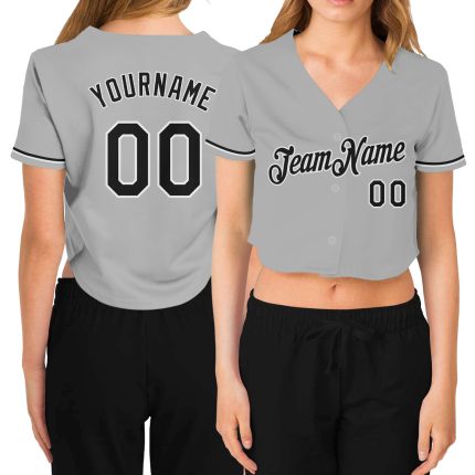 Custom Team Jersey for Women - Gray Black-White V-Neck Cropped Baseball with Personalized Name and Number Personalized Women's