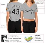 Custom Team Jersey for Women - Gray Black-White V-Neck Cropped Baseball with Personalized Name and Number Personalized Women's