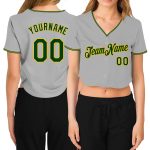 Custom Womens V-Neck Baseball Jersey Gray Green-Gold with Personalized Name and Number Personalized Women's Gray Green-Gold