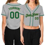 Custom Womens V-Neck Cropped Baseball Jersey - Personalized Gray and Kelly Green with Old Gold Name and Number Personalized