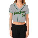 Custom Womens V-Neck Cropped Baseball Jersey - Personalized Gray and Kelly Green with Old Gold Name and Number Personalized