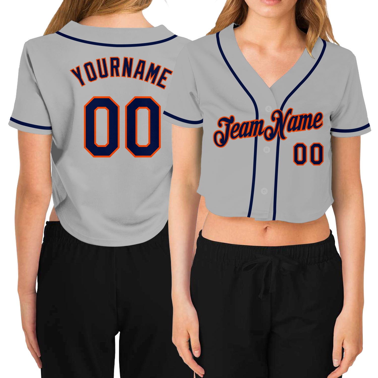 Custom Womens V-Neck Baseball Jersey Gray Navy-Orange with Personalized Name and Number - Cropped Style Personalized Women's
