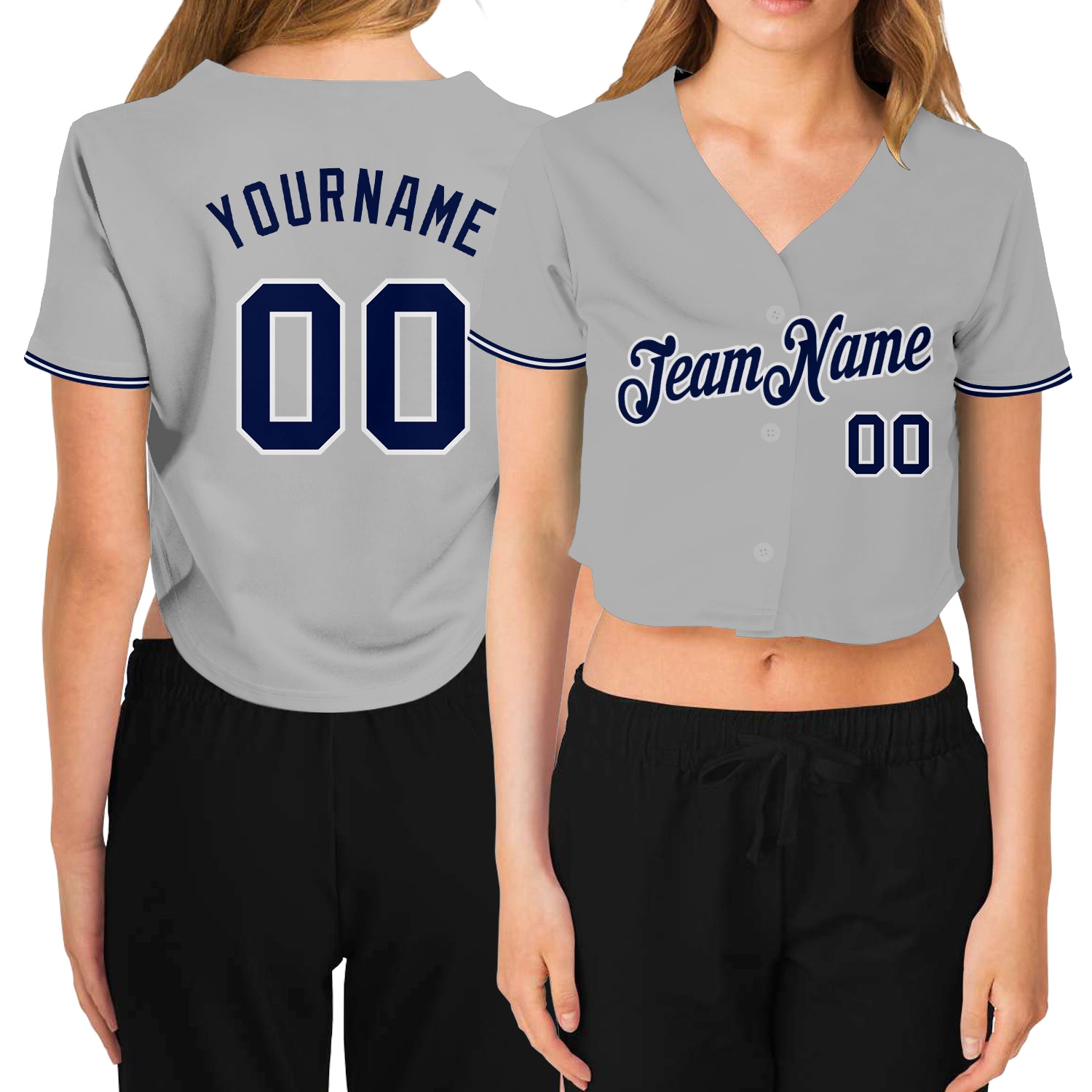 Custom Name Number Personalized Womens V-Neck Cropped Baseball Jersey Gray Navy White Personalized Women's Gray Navy-White