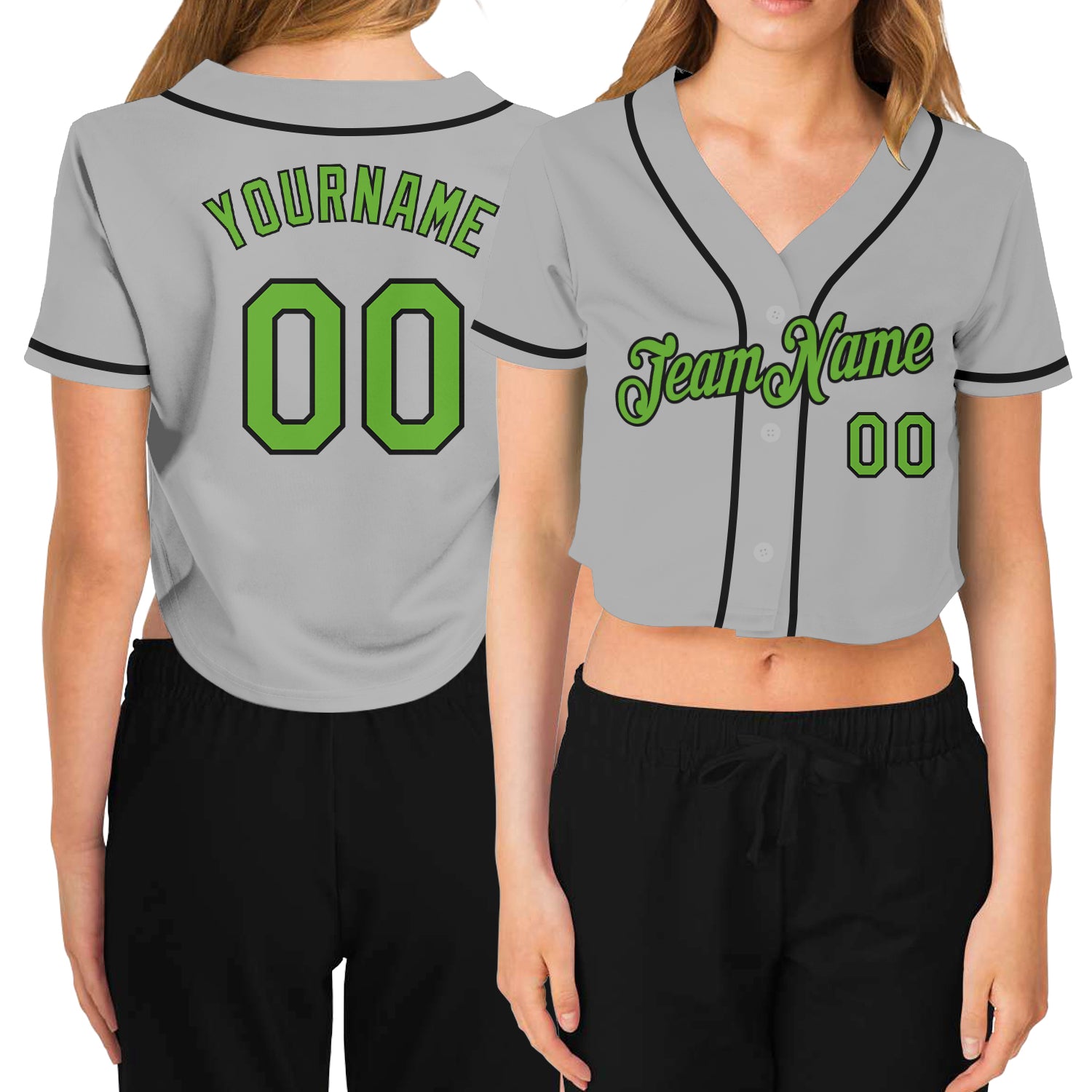 Custom Womens Baseball Jersey with Name and Number - Gray Neon Green-Black V-Neck Cropped Style Personalized Women's Gray