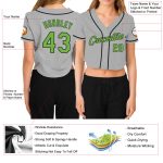 Custom Womens Baseball Jersey with Name and Number - Gray Neon Green-Black V-Neck Cropped Style Personalized Women's Gray