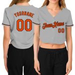 Custom Name and Number Womens Gray Orange Black V-Neck Cropped Baseball Jersey - Personalized Team Apparel Personalized Women's