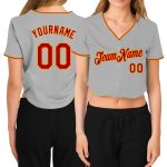 Custom Name Number Personalized Womens Gray Red-Gold V-Neck Cropped Baseball Jersey Personalized Women's Gray Red-Gold V-Neck