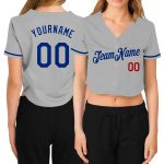 Custom Name Number Womens Gray Red V-Neck Cropped Baseball Jersey Personalized Women's Gray Royal-Red V-Neck Cropped Baseball