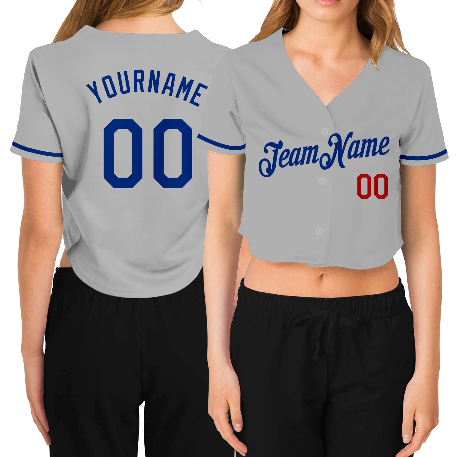 Custom Name Number Womens Gray Red V-Neck Cropped Baseball Jersey Personalized Women's Gray Royal-Red V-Neck Cropped Baseball