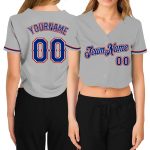 Custom Womens Gray V-Neck Baseball Jersey with Royal Red Details - Personalized Name and Number, Cropped Style Personalized