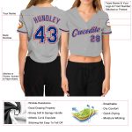 Custom Womens Gray V-Neck Baseball Jersey with Royal Red Details - Personalized Name and Number, Cropped Style Personalized