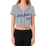 Custom Name and Number Womens Gray V-Neck Cropped Baseball Jersey - Personalized Royal-White Team Apparel Personalized Women's