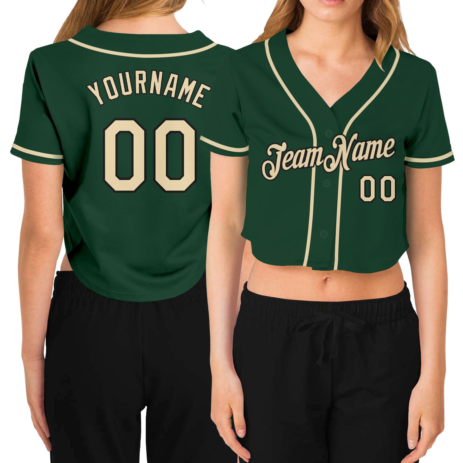 Custom Name and Number Womens Green Cream-Black V-Neck Cropped Baseball Jersey Personalized Women's Green Cream-Black V-Neck