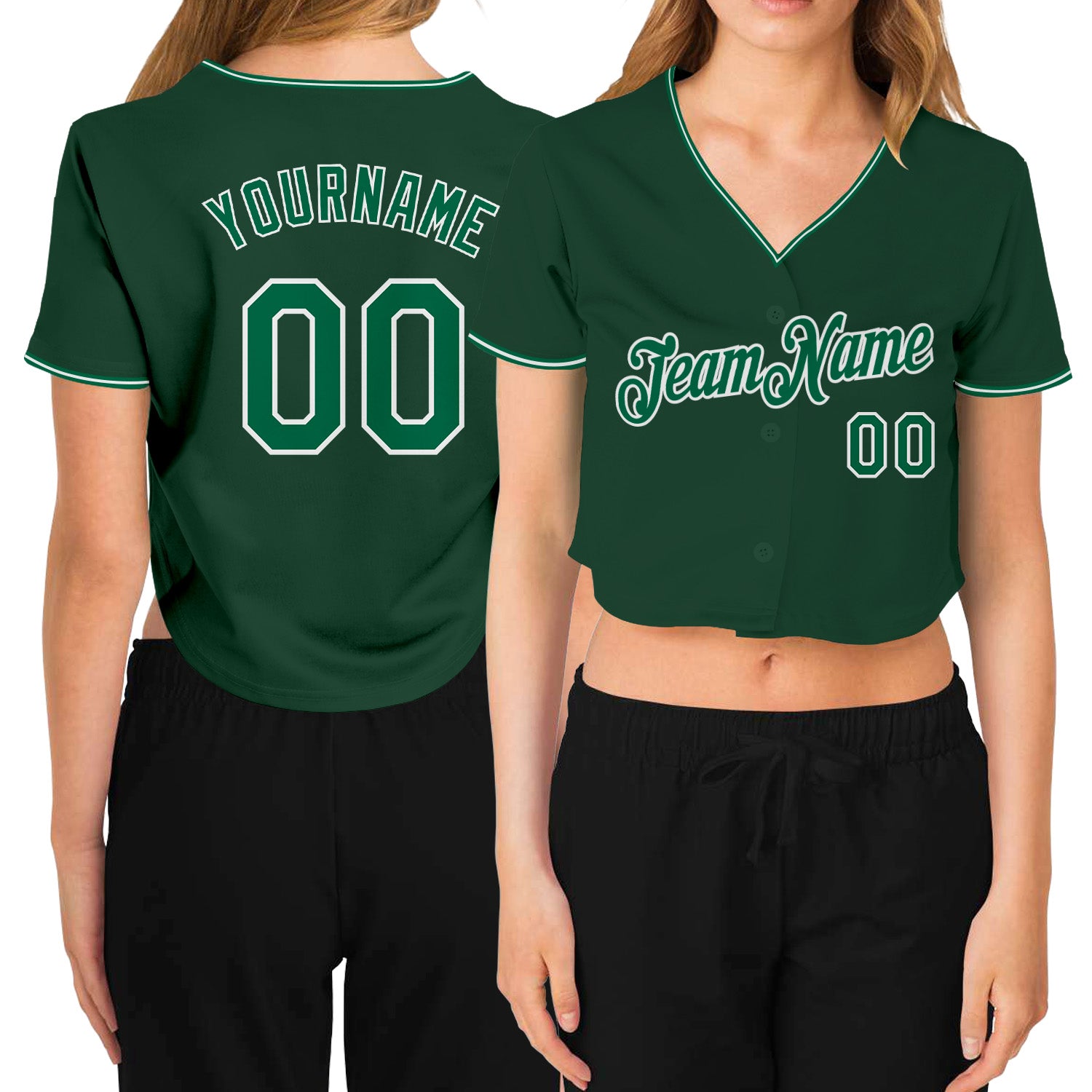 Custom Womens Green Baseball Jersey with Name and Number, Kelly Green-White V-Neck Cropped Style Personalized Women's Green