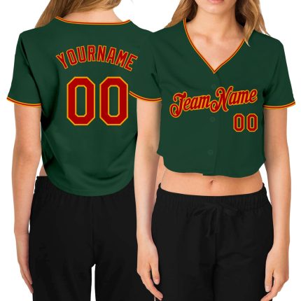 Custom Womens Green Red Gold V-Neck Baseball Jersey with Personalized Name and Number - Team Apparel Personalized Women's