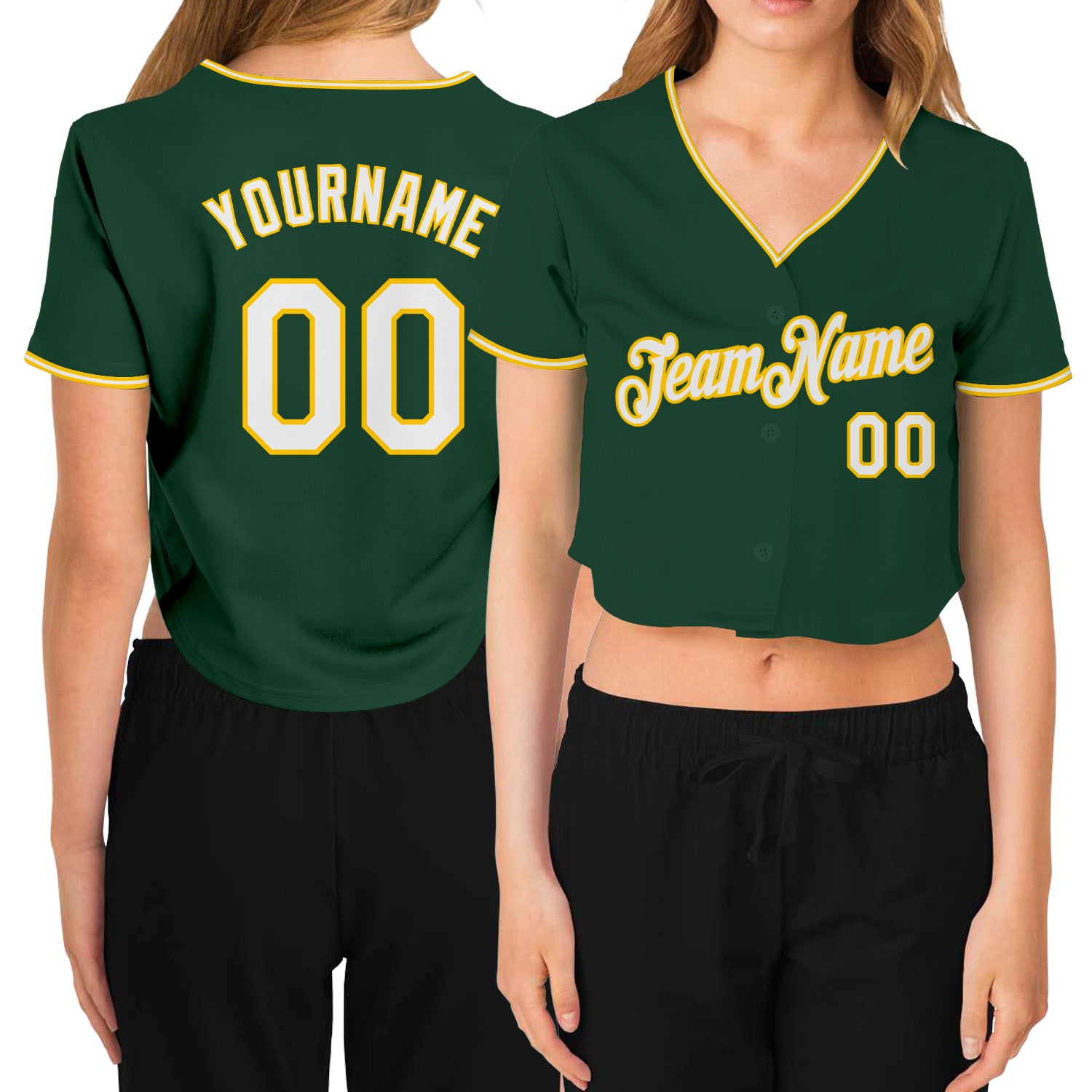 Custom Name and Number Womens Cropped Baseball Jersey in Green White-Gold V-Neck Design Personalized Women's Green White-Gold
