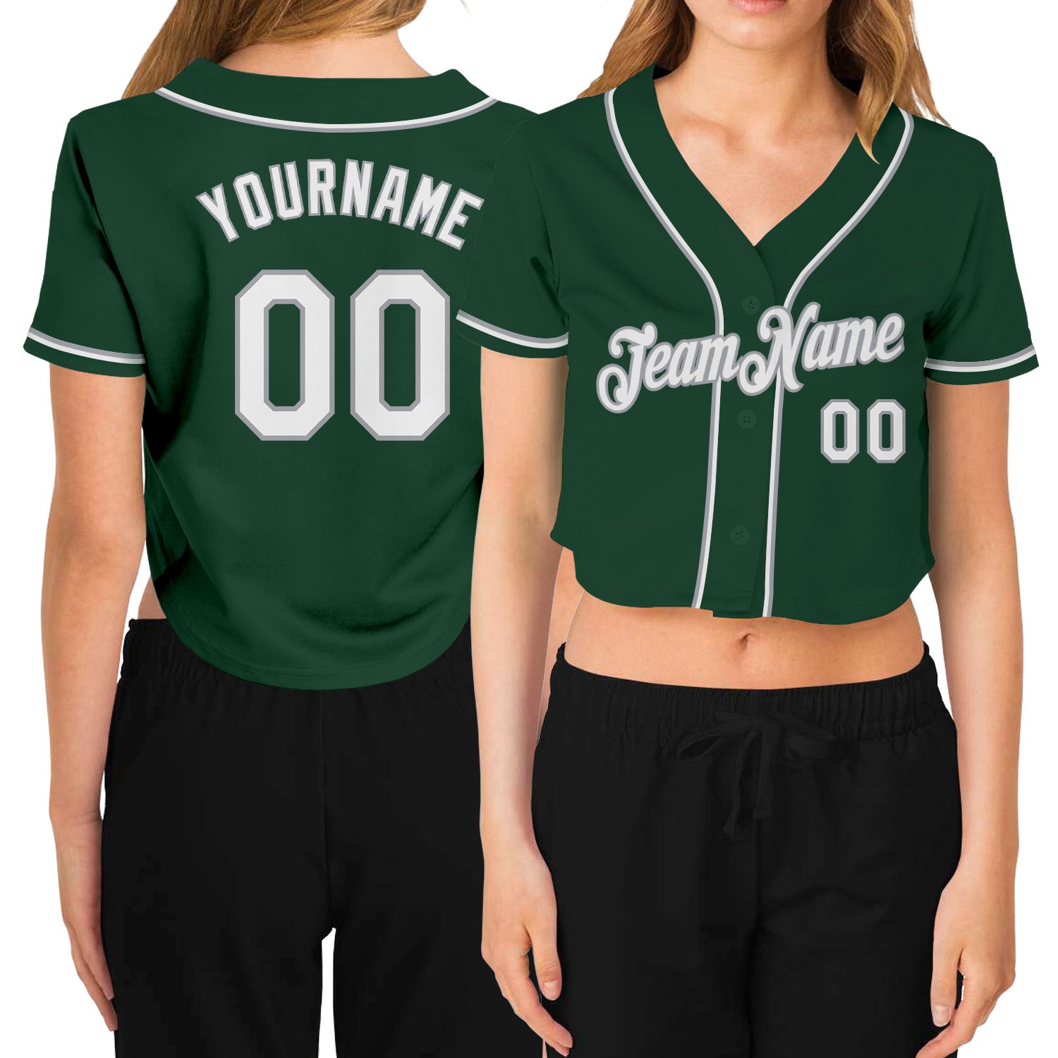 Custom Name and Number Womens V-Neck Cropped Baseball Jersey Green White-Gray Personalized Women's Green White-Gray V-Neck