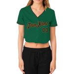 Custom Name and Number Personalized Womens Baseball Jersey in Kelly Green, Black and Old Gold V-Neck, Cropped Style Personalized