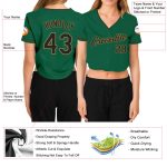 Custom Name and Number Personalized Womens Baseball Jersey in Kelly Green, Black and Old Gold V-Neck, Cropped Style Personalized