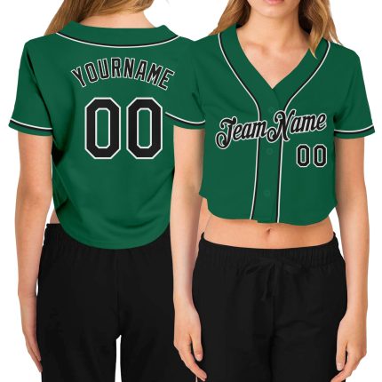 Custom Name and Number V-Neck Cropped Baseball Jersey for Women in Kelly Green and Black-White Personalized Women's Kelly