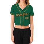 Personalized Baseball Jersey for Women - Custom Name & Number in Kelly Green, Old Gold, Black V-Neck, Cropped Style Personalized