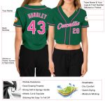 Custom Name Number V-Neck Baseball Jersey for Women - Kelly Green with Pink-White Trim, Personalized Cropped Style Personalized