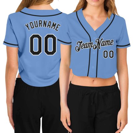 Custom Light Blue Womens V-Neck Cropped Baseball Jersey with Black-White Details, Personalized Name & Number Personalized
