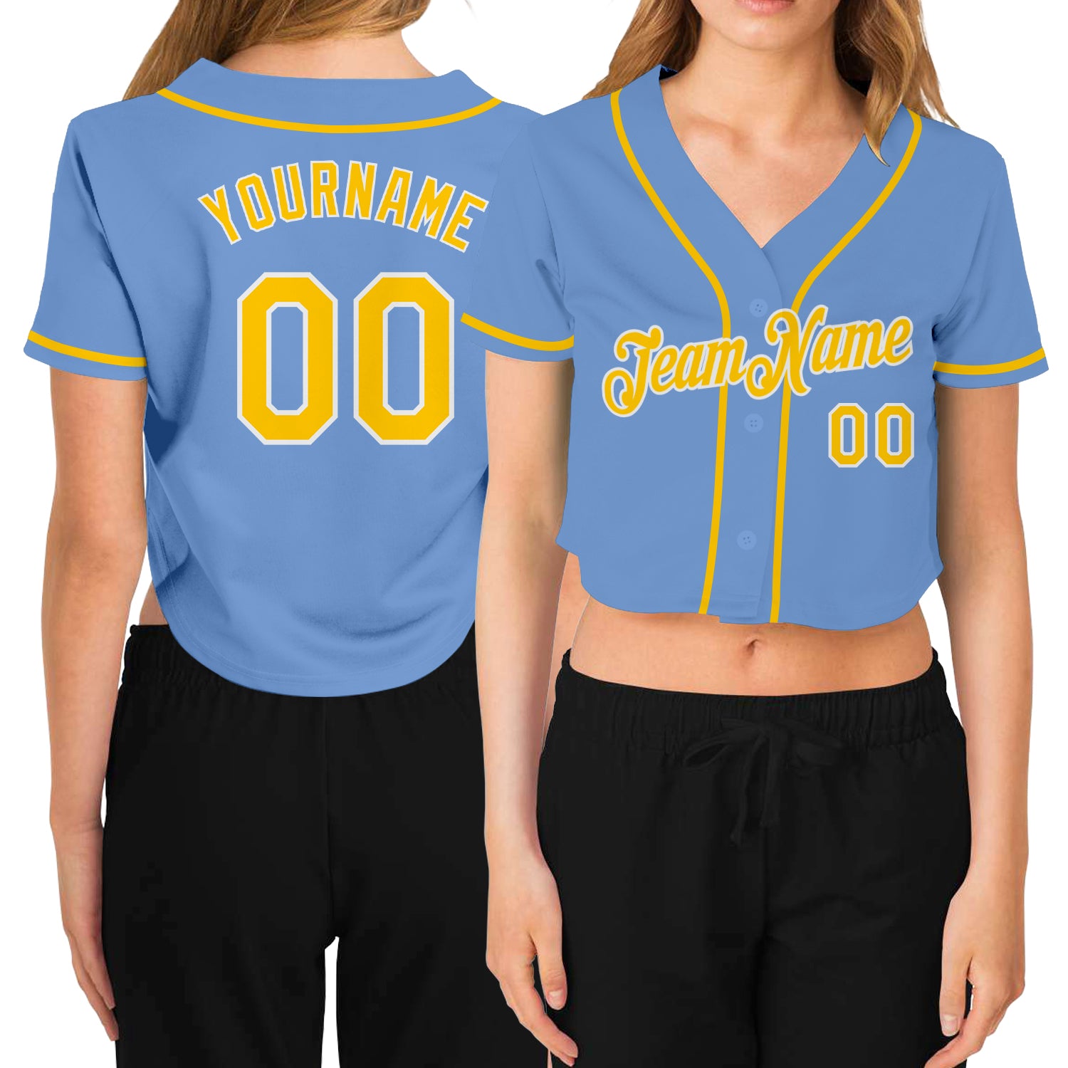 Custom Name Number Womens V-Neck Cropped Baseball Jersey Light Blue Gold White Personalized Women's Light Blue Gold-White