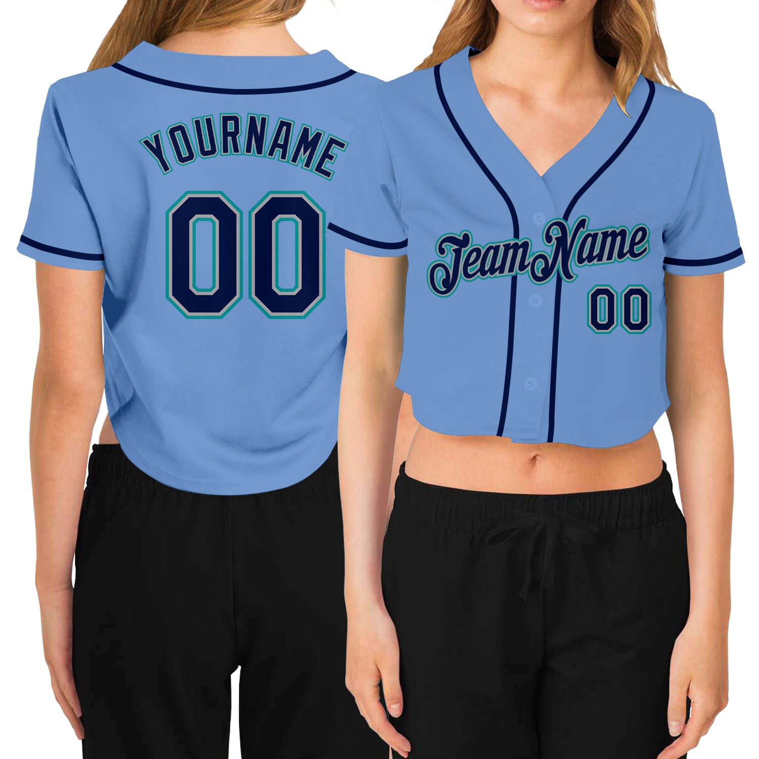 Custom Team Name and Number Womens Light Blue Navy Gray-Aqua V-Neck Cropped Baseball Jersey Personalized Women's Light Blue