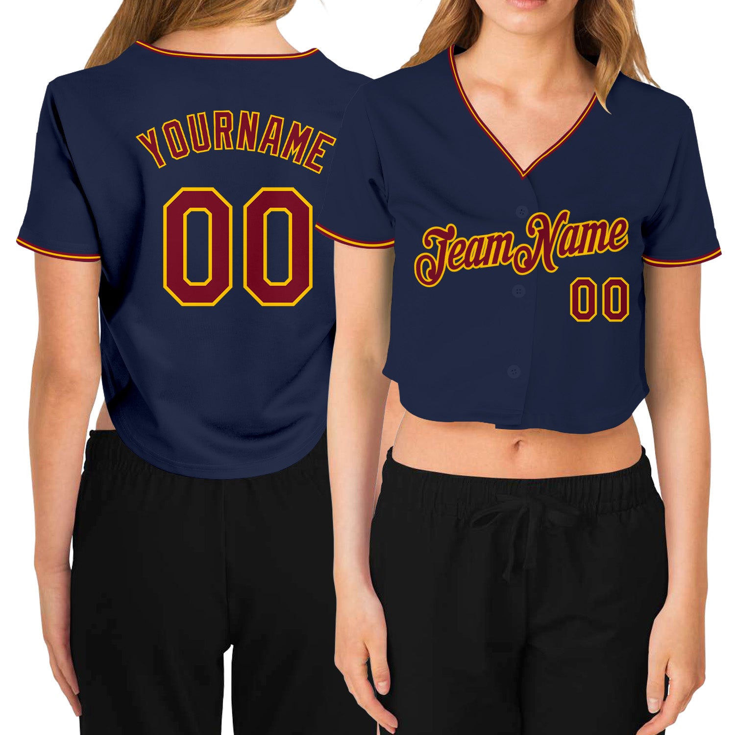 Custom Name Number Navy Crimson Gold Womens V-Neck Cropped Baseball Jersey Personalized Women's Navy Crimson-Gold V-Neck