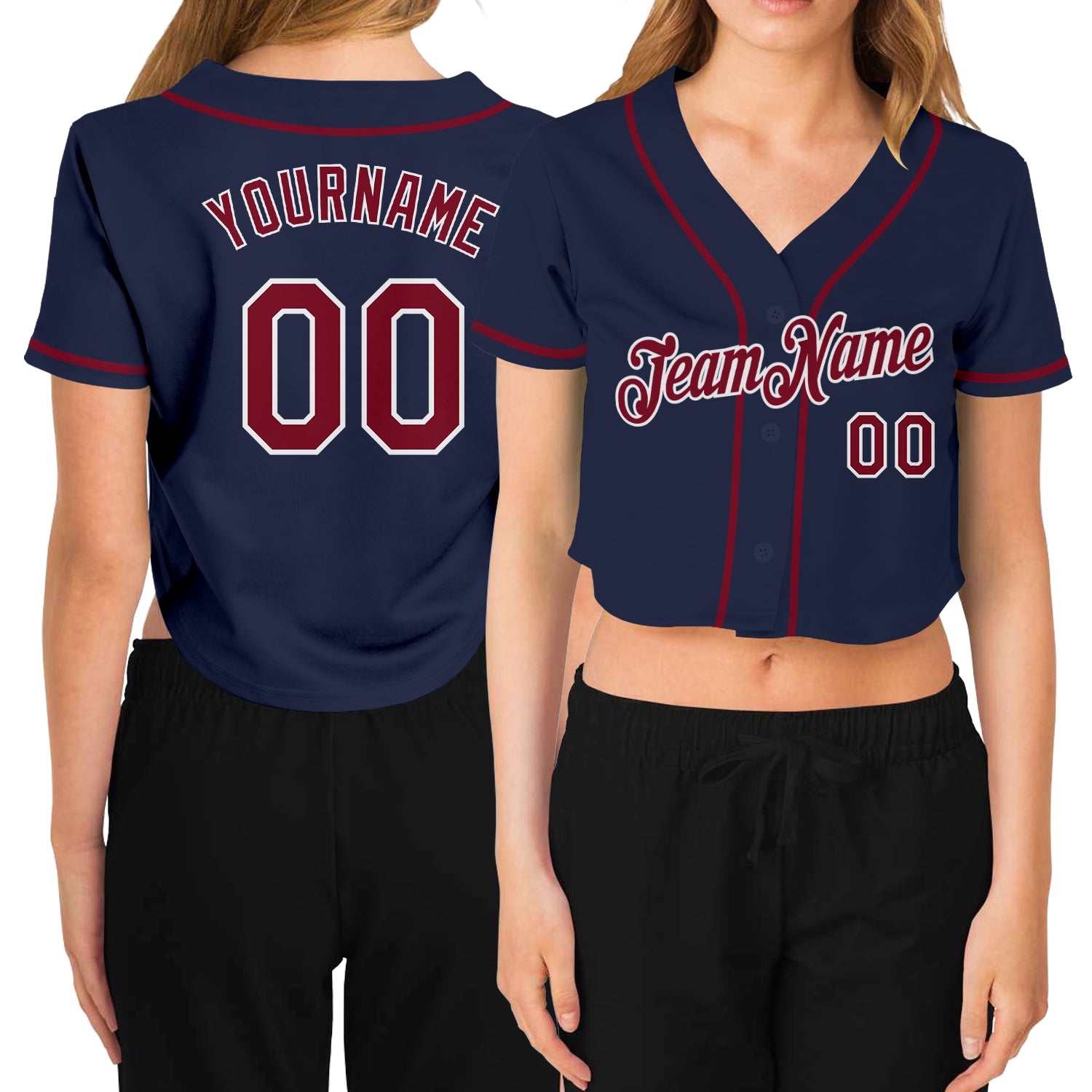 Custom Womens V-Neck Baseball Jersey with Personalized Name and Number - Navy Crimson-White Cropped Design Personalized Women's