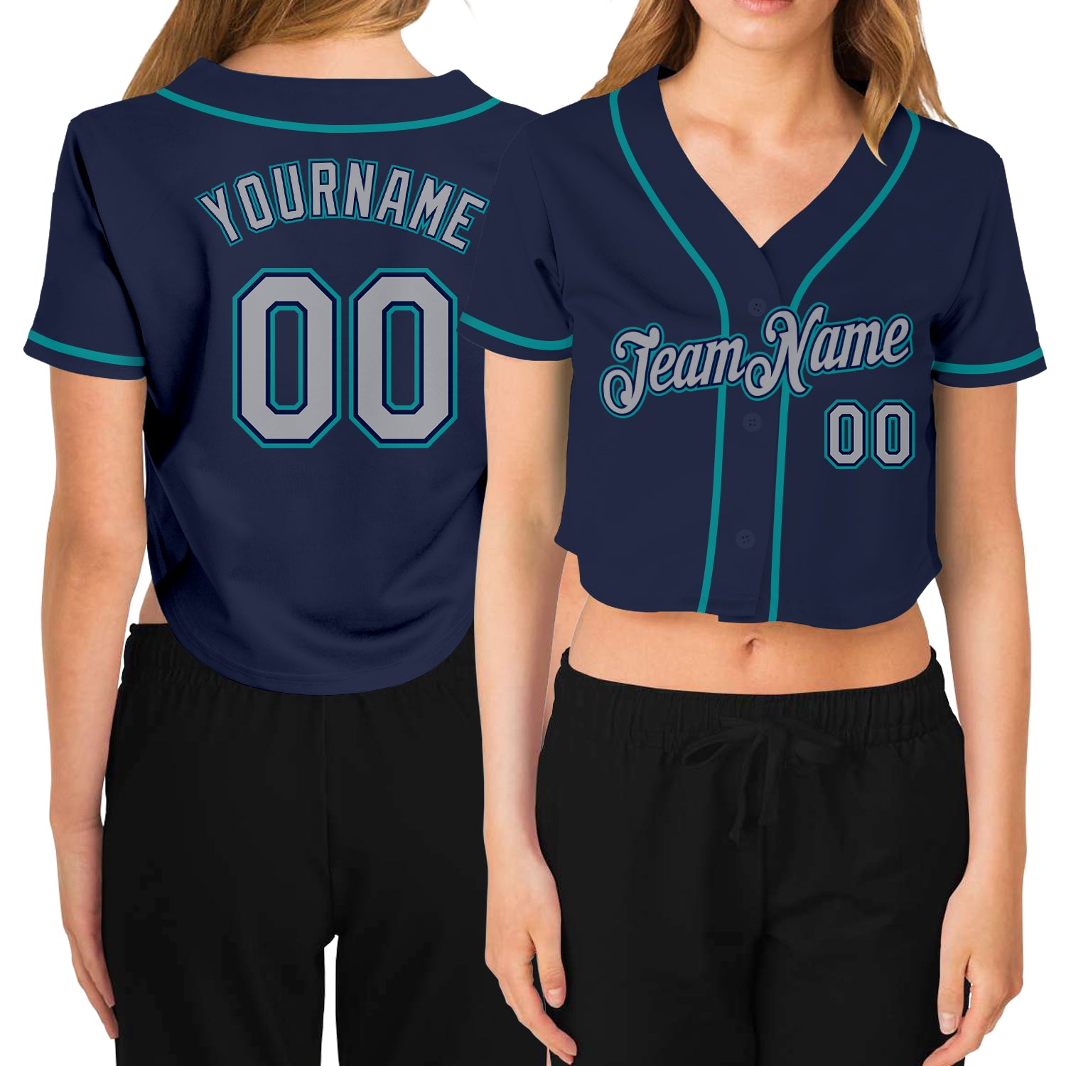 Custom Name and Number Womens Baseball Jersey V-Neck Cropped in Navy Gray-Aqua Personalized Women's Navy Gray-Aqua V-Neck