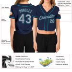 Custom Name and Number Womens Baseball Jersey V-Neck Cropped in Navy Gray-Aqua Personalized Women's Navy Gray-Aqua V-Neck