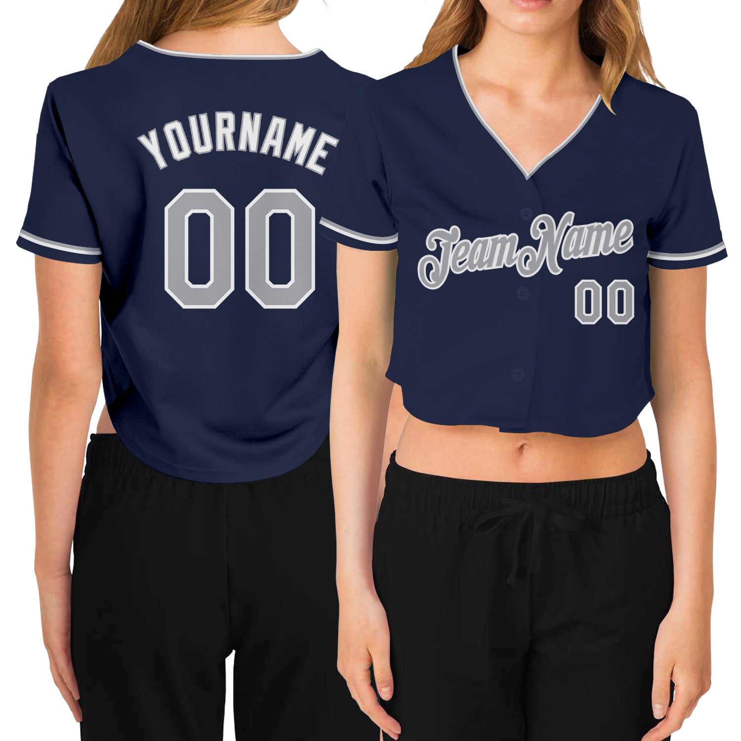 Custom Name Number Womens Navy Gray V-Neck Cropped Baseball Jersey Personalized Women's Navy Gray-White V-Neck Cropped Baseball
