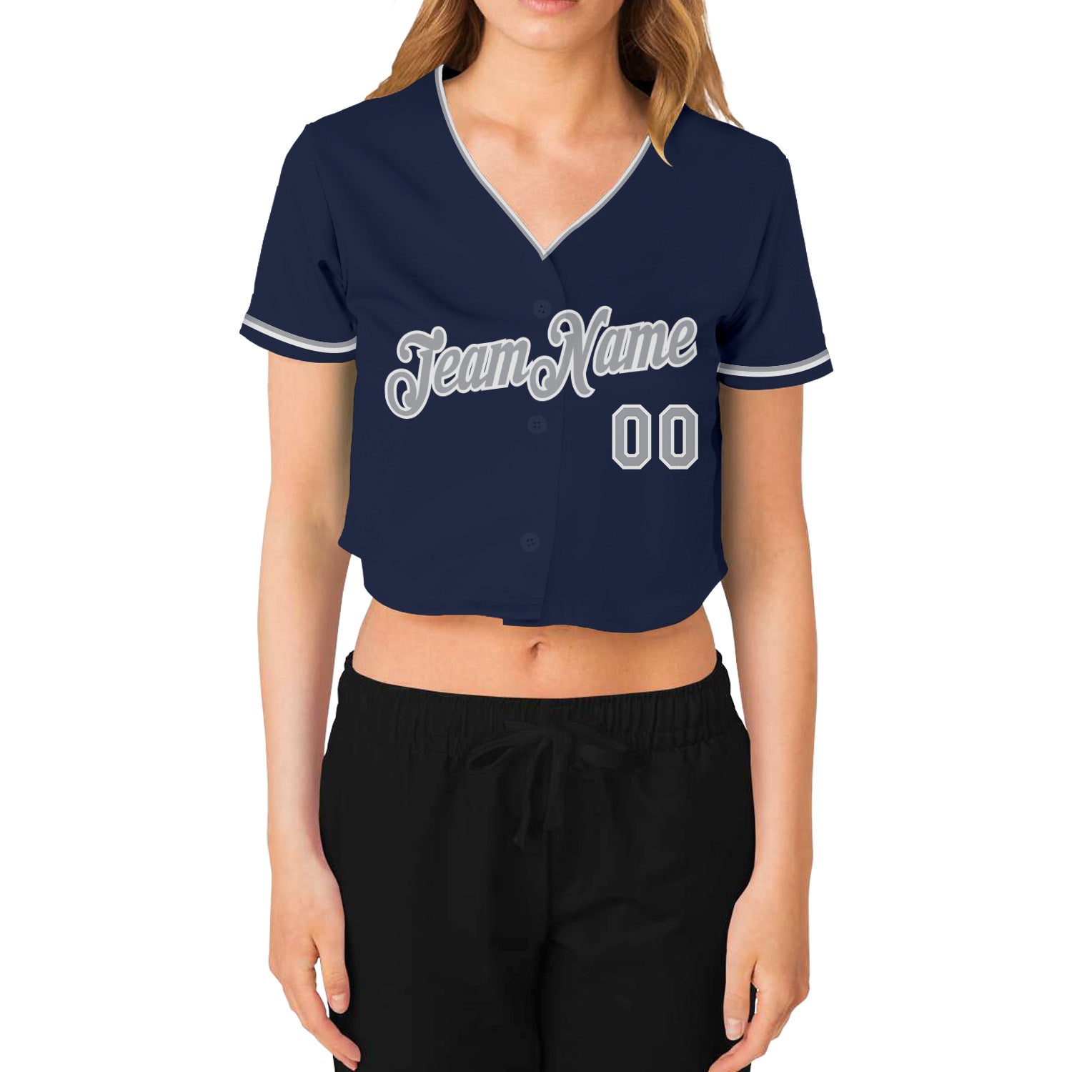 Personalized Women's Navy Gray-White V-Neck Cropped Baseball Jersey Team Custom Name and Number Custom Name Number Womens Navy Gray V-Neck Cropped Baseball Jersey Personalized Women's Navy Gray-White V-Neck Cropped Baseball - Image 2