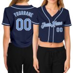 Custom Name and Number Womens Navy Light Blue-White V-Neck Cropped Baseball Jersey Personalized Women's Navy Light Blue-White