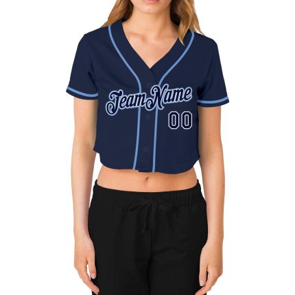Personalized Womens Custom Name Number Baseball Jersey - Navy Blue V-Neck Cropped Personalized Women's Navy Navy-White V-Neck