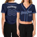 Personalized Womens Custom Name Number Baseball Jersey - Navy Blue V-Neck Cropped Personalized Women's Navy Navy-White V-Neck