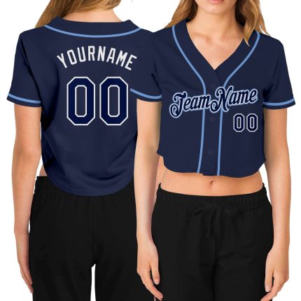 Personalized Womens Custom Name Number Baseball Jersey - Navy Blue V-Neck Cropped Personalized Women's Navy Navy-White V-Neck