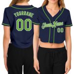 Custom Name Number Womens Navy Neon Green White V-Neck Cropped Baseball Jersey Personalized Women's Navy Neon Green-White