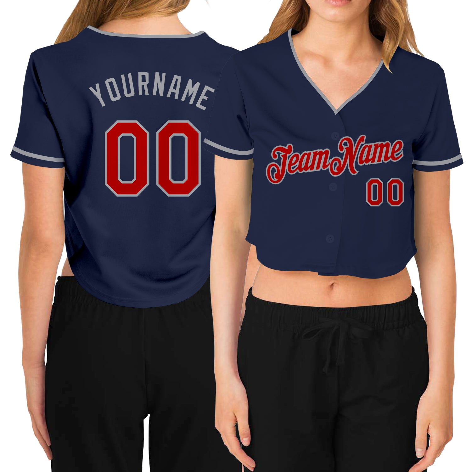 Custom Name and Number Womens V-Neck Baseball Jersey in Navy Red-Gray, Personalized Cropped Design Personalized Women's Navy